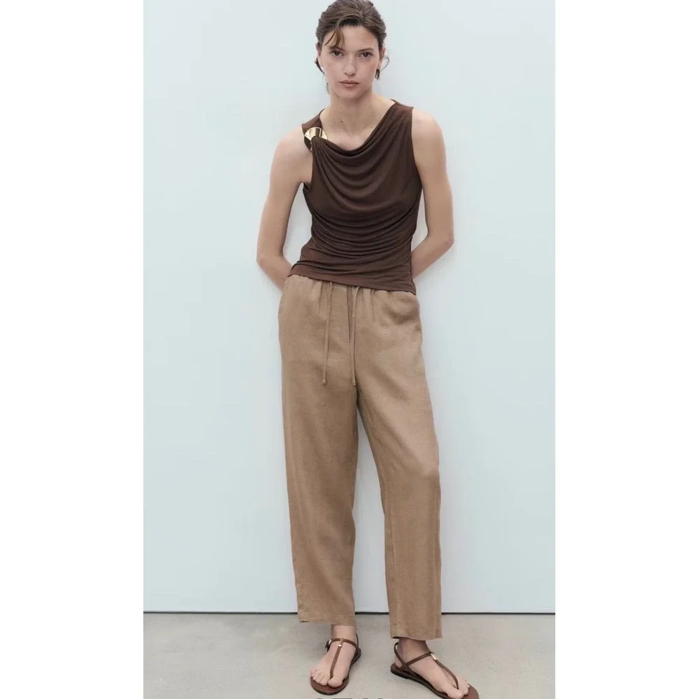 Mango MNG Women Medium Brown Linen Blend Drawstring Waist Trousers Size S NWT